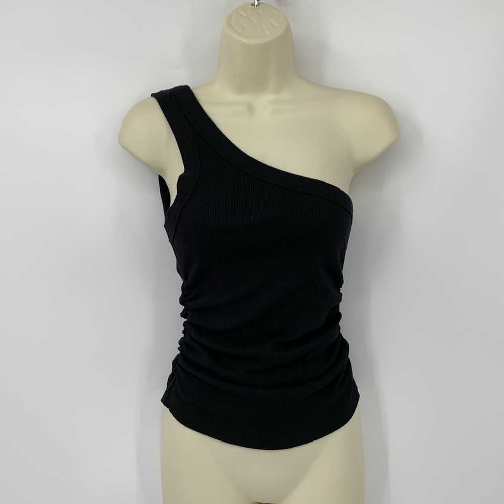Michael Stars ribbed one shoulder black top shirt blouse knit ruched stretch S